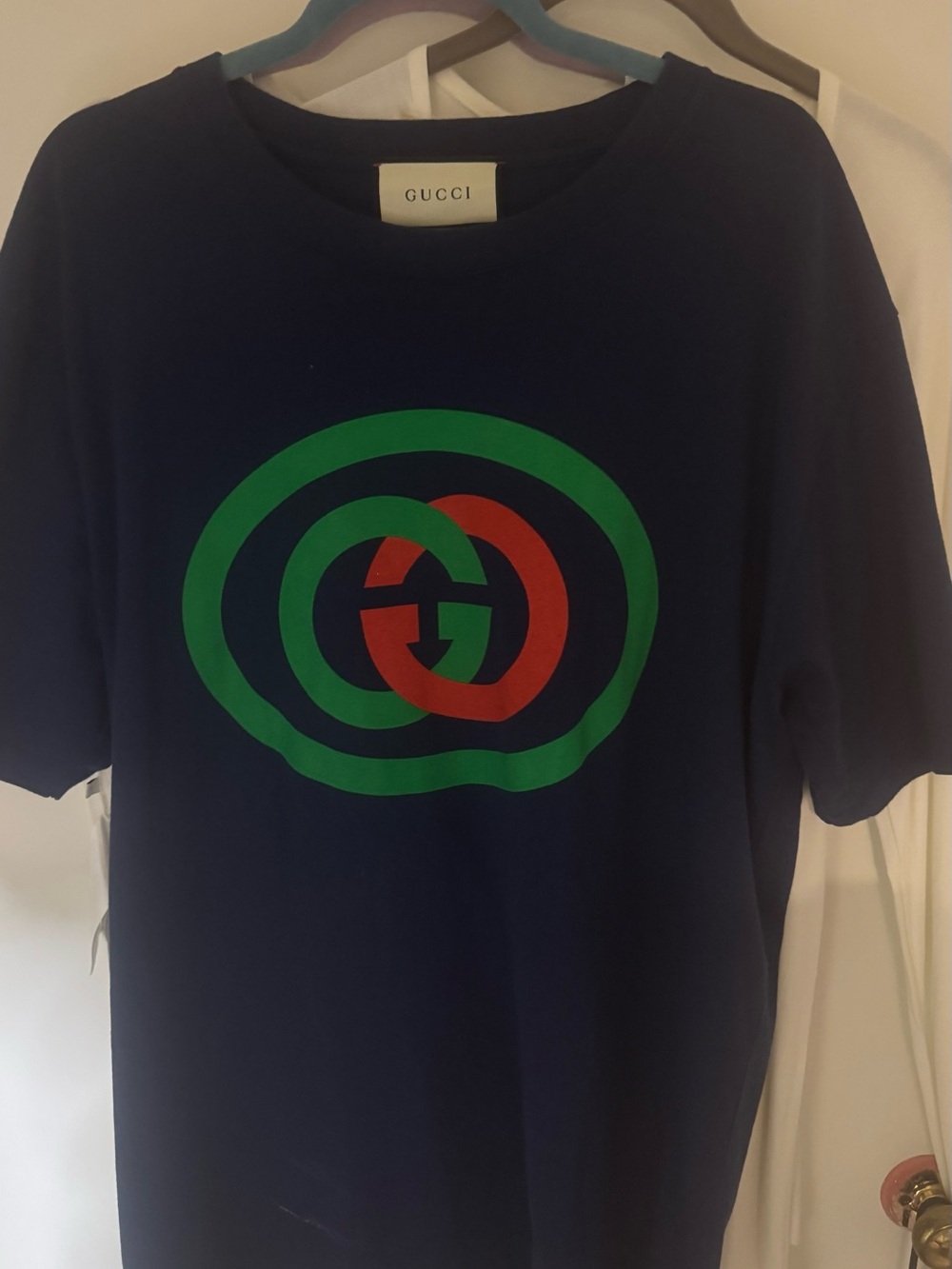 Gucci Navy Short-Sleeve T-Shirt with Green and Red Interlocking Logo